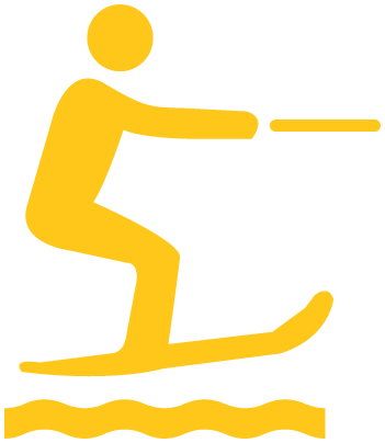 Icon of a person water skiing, depicted in yellow on a white background